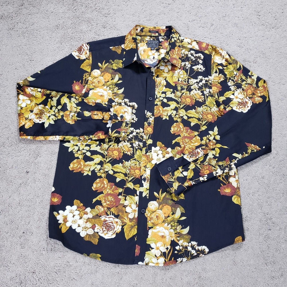 Guess Shirt Men M Black Yellow Floral Button Long Sleeve Going Out Date Casual